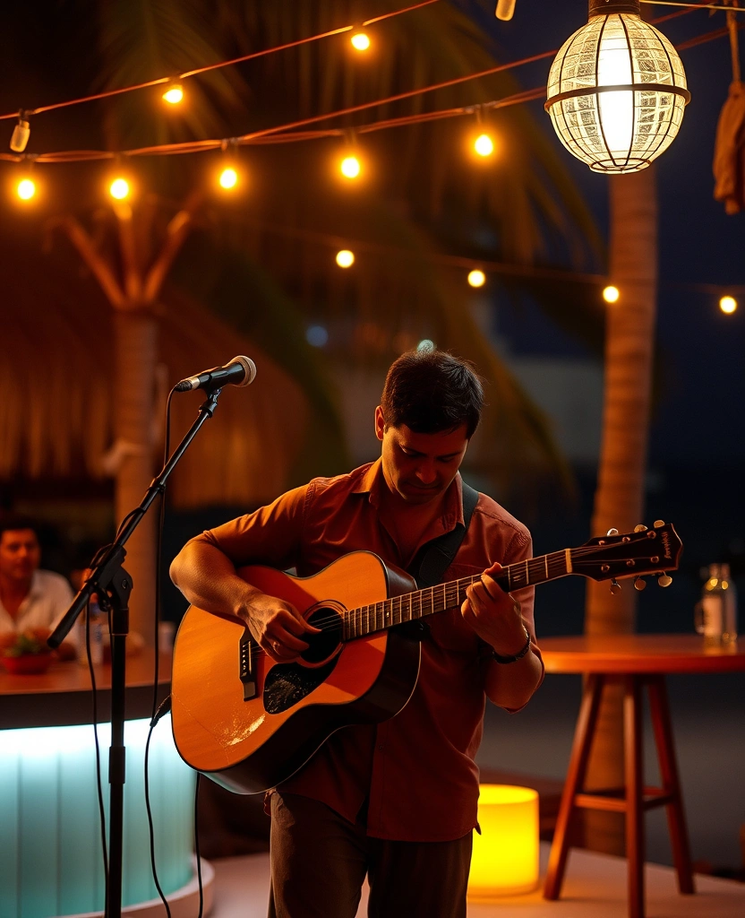 Acoustic musician performing under string lights at Driftwood beach bar