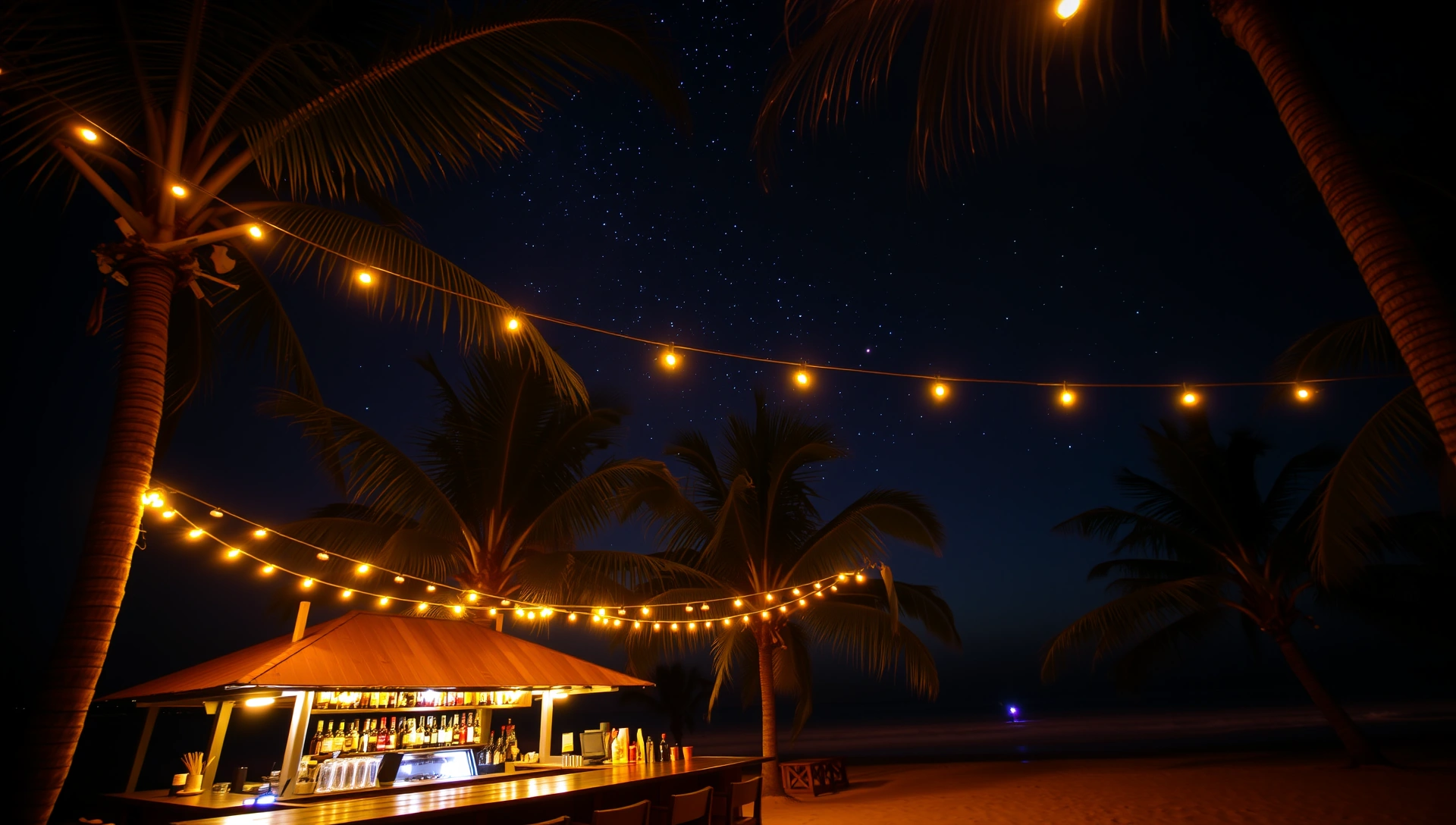 Driftwood beach bar at night with string lights and palm trees under a starry Caribbean sky