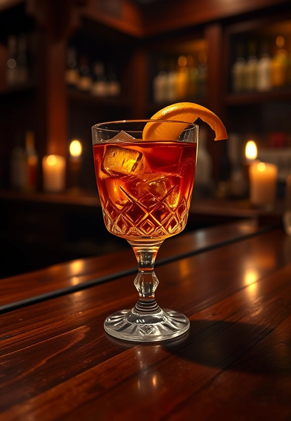 Island Old Fashioned cocktail with orange peel garnish in candlelight