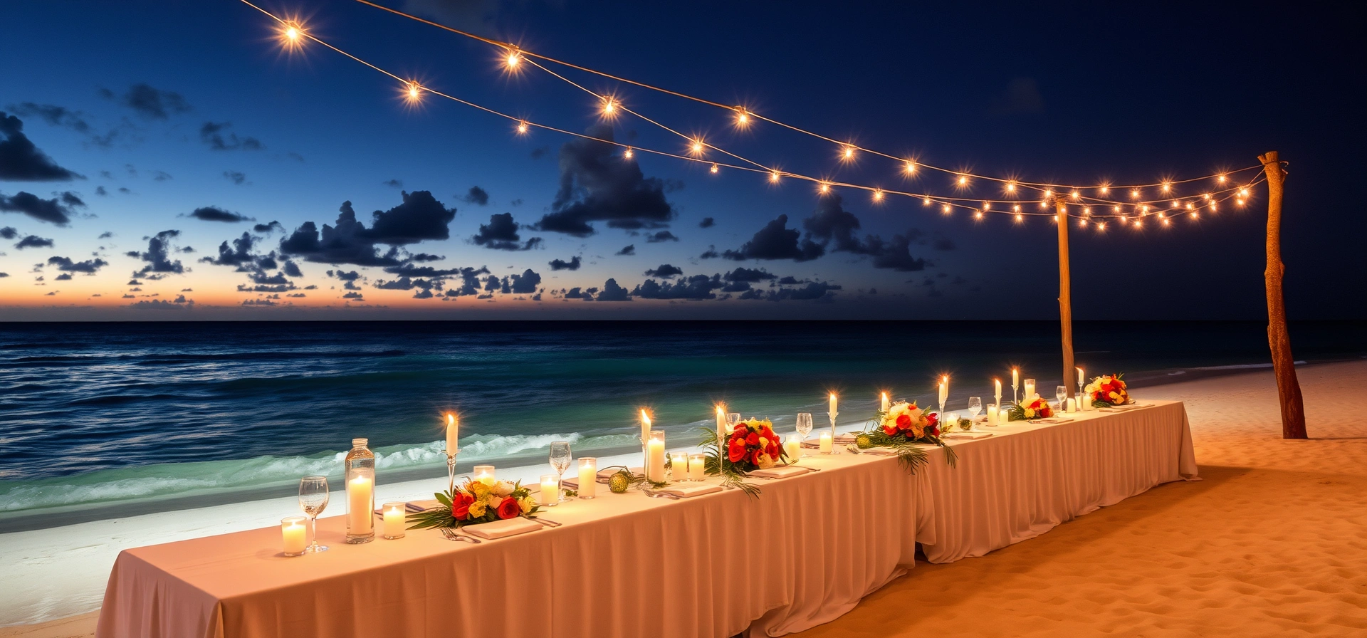 Private celebration dinner setup on the beach at Driftwood