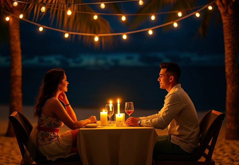 Couple enjoying candlelit dinner at Driftwood beach bar