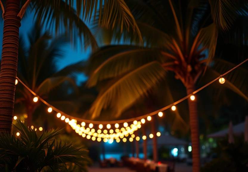 String lights and palm fronds creating ambient glow at Driftwood